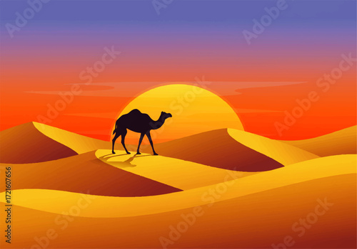 Silhouette of a camel walking across sand dunes in a desert landscape at sunset, with a vibrant orange and purple sky.