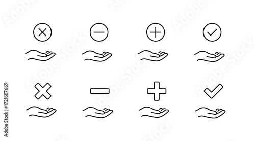Hands and symbols outline icons set – linear, minimalist gesture illustrations
