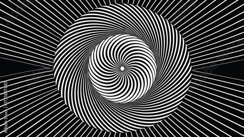 Black and White Swirling Vortex Pattern with Radial Lines and Central Spiral abstract