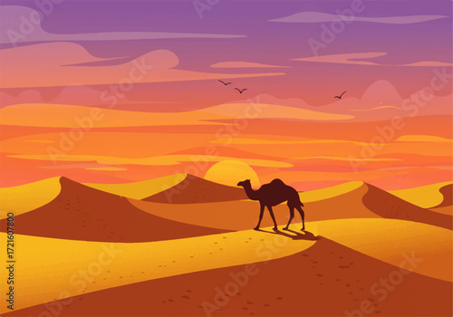 Silhouette of a camel walking across sand dunes in a desert landscape at sunset, with birds flying in the sky.