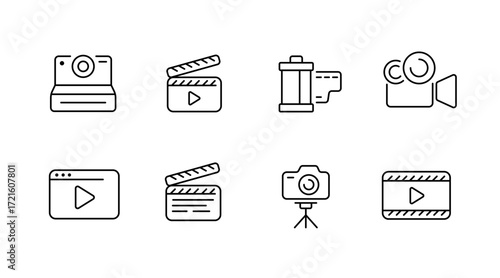 Video and media icons set – line, outline, film and multimedia symbols