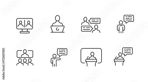 Video conference line icons set – online meeting, virtual chat, communication