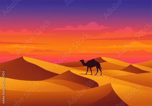 Silhouette of a camel walking across sand dunes in a desert landscape at sunset with a colorful sky.