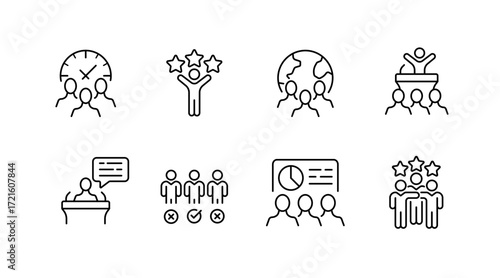 Teamwork and leadership outline icons set – filled, collaboration, group management symbols