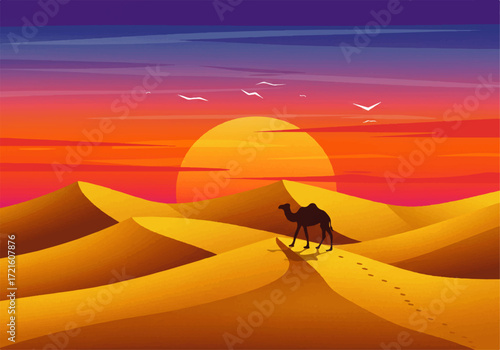 A camel walks across sand dunes in a desert landscape during a vibrant sunset with birds flying overhead.
