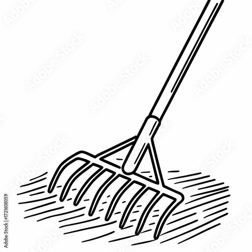 Garden rake illustration with curved tines on textured soil  