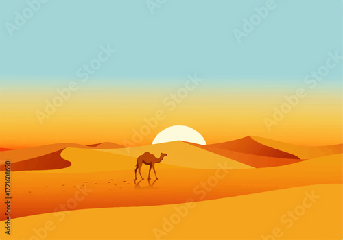 A camel walks across a vast, sandy desert landscape under a clear, bright blue sky, with the sun setting in the background.