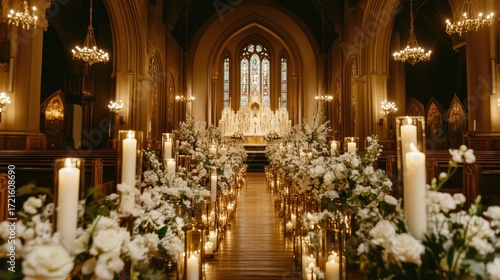 Wallpaper Mural Beautiful church wedding setup, with white flowers, wooden pew decorations, and golden candle stands along the aisle. Torontodigital.ca