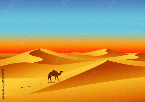 A lone camel walks across a vast desert landscape with rolling sand dunes under a vibrant orange and blue sky.