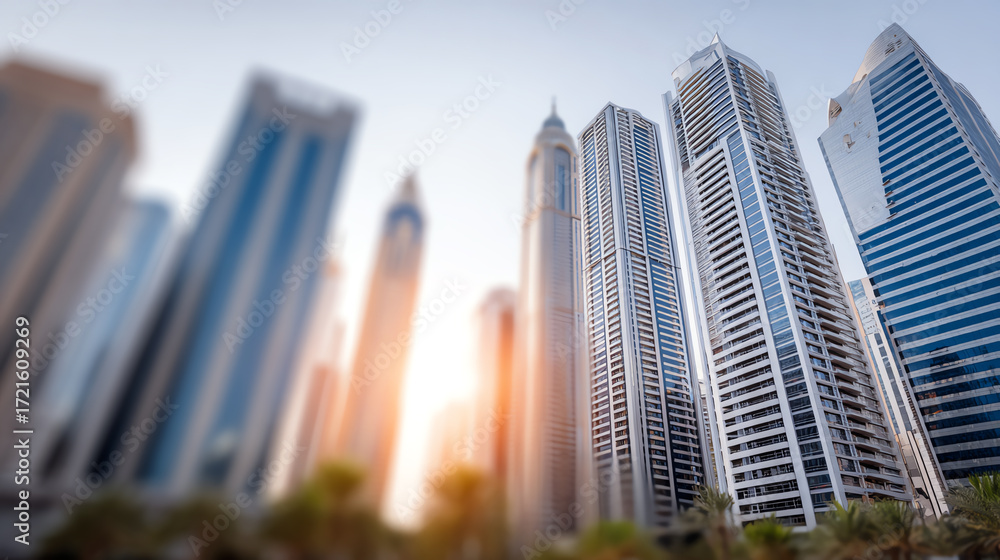 Fototapeta premium A stunning view of modern skyscrapers showcasing architectural beauty and urban life during sunset.