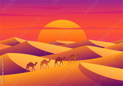 A stylized illustration depicts a camel caravan traversing a vast desert landscape under a vibrant sunset sky.