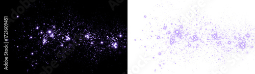 Abstract purple sparkle overlay on black and white backgrounds, creating a dreamy atmosphere for design projects, enhancing visual storytelling and creativity