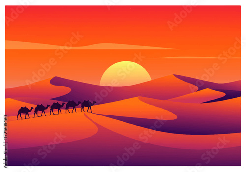 A caravan of camels traverses a vast desert landscape under a vibrant sunset, with rolling sand dunes.