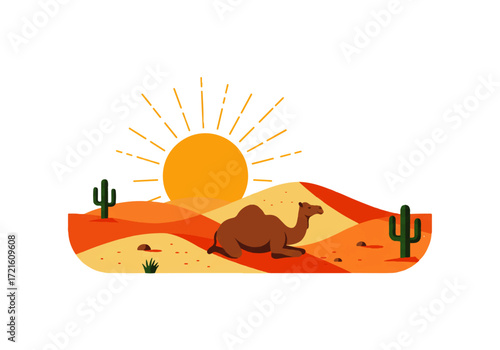 Illustration of a camel resting in a desert landscape with sand dunes, cacti, and a bright sun overhead.