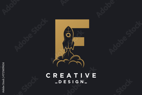 Rocket with letter F unique logo design Premium Vector