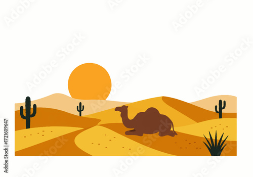 A simple illustration of a desert landscape with a camel resting amidst sand dunes, cacti, and a bright sun.