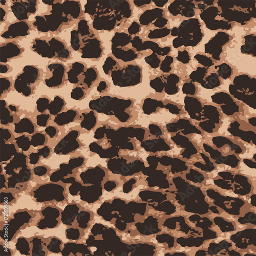 Leopard print. Vector seamless pattern. Animal skin background with black and brown spots on beige backdrop. Abstract exotic safari texture. Jaguar, leo, puma cheetah fur pattern. Repeat design