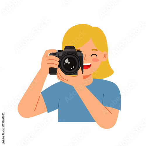 Smiling woman with blonde hair taking a picture using a digital camera.