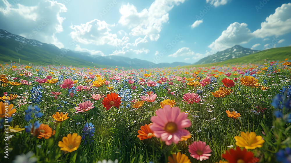 Fototapeta premium A vibrant field of colorful wildflowers under a sunny sky, showcasing nature's beauty and serenity in a picturesque landscape.