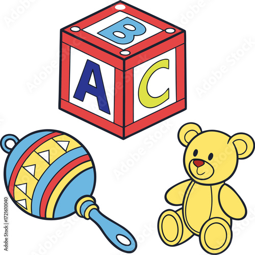 Cute baby toy set vector with alphabet block, teddy bear, and rattle, childhood play icons, isolated cartoon design for nursery, infant learning, and kids games.