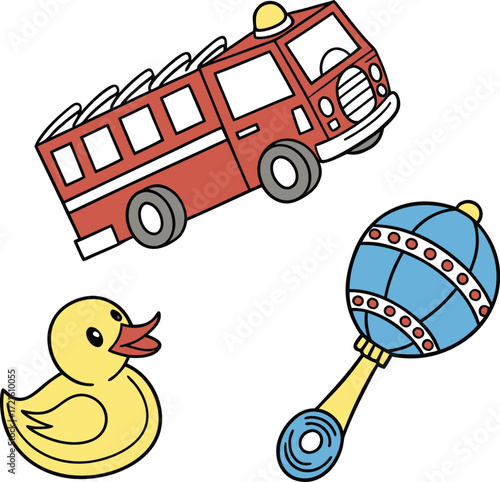 baby toy set vector with fire truck, rubber duck, and rattle, cute childhood play icons, isolated cartoon design for nursery, kids games, and infant accessories.