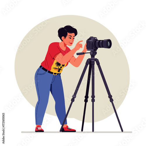 A woman with short dark hair adjusts settings on a DSLR camera mounted on a tripod, against a neutral background.