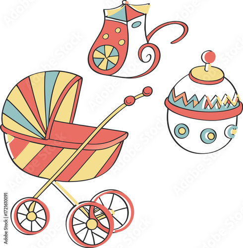  baby stroller, pacifier, and rattle vector illustration, cute newborn care icons, playful childhood design elements, isolated infant accessory cartoon set.