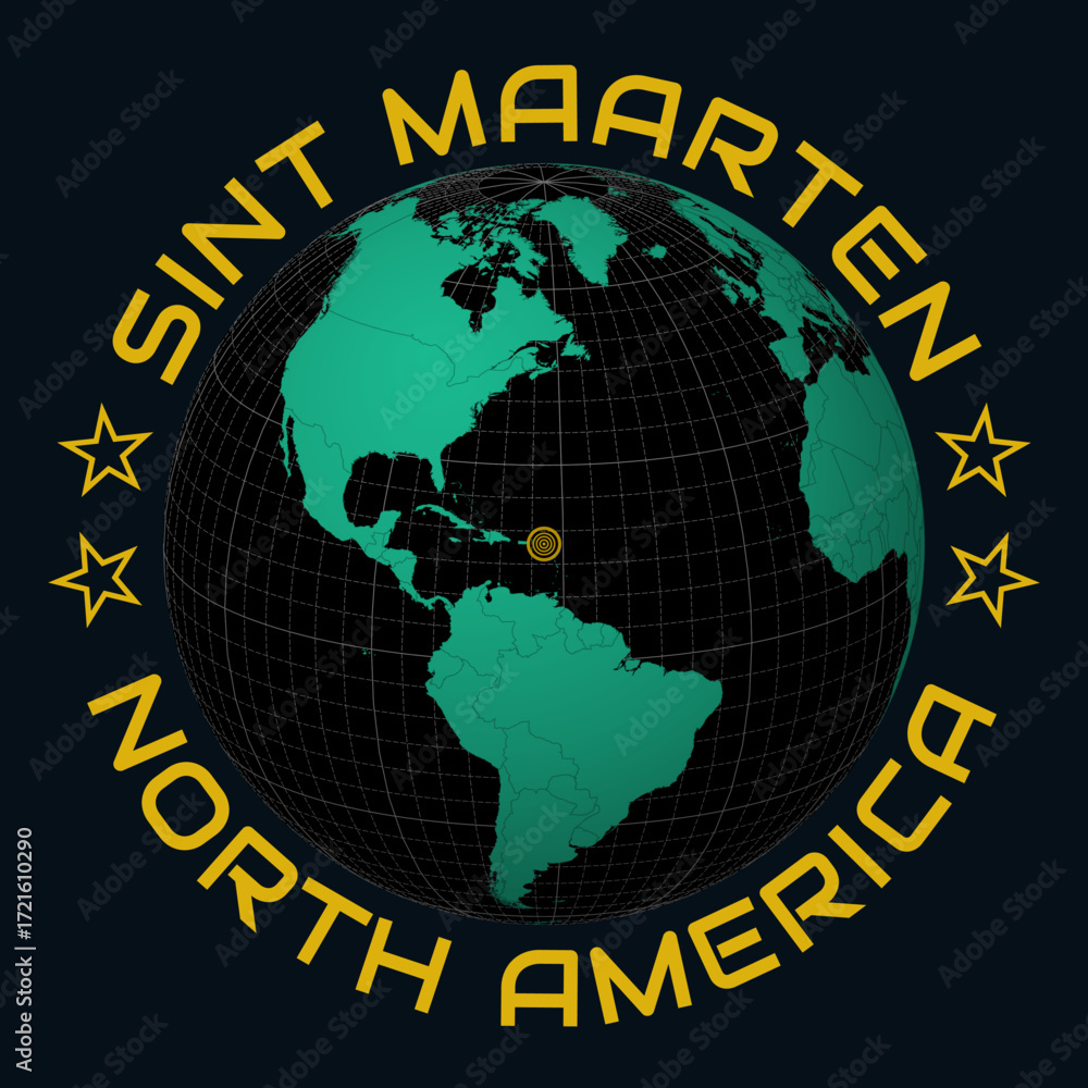 Obraz premium Sint Maarten on Globe. Round country and continent name text. Country view on world map in Black Emerald color palette. Sint Maarten shape on map. Trending vector illustration.