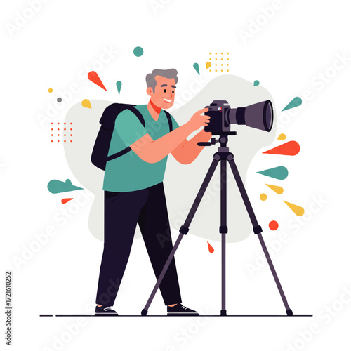 A man with a backpack is adjusting a camera mounted on a tripod, surrounded by colorful abstract shapes.