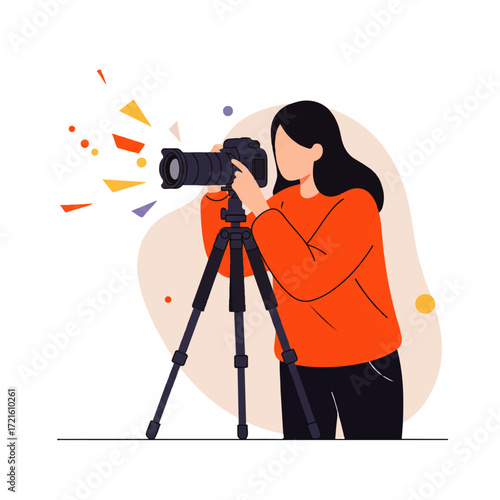 A woman with dark hair is taking a photograph using a camera mounted on a tripod, with colorful abstract shapes around her.