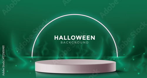 Green Halloween vector background with glowing podium and arch. Perfect for trick or treat invites, spooky greeting cards, festive autumn clipart, October party templates, and holiday decorations.