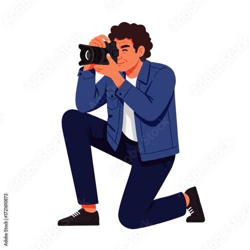 Man kneeling and holding a camera up to his eye, taking a photograph with a smile in a vector illustration.