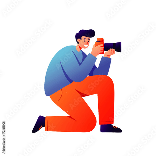 Illustrated man kneeling and aiming a camera, wearing a blue shirt and orange pants, smiling.