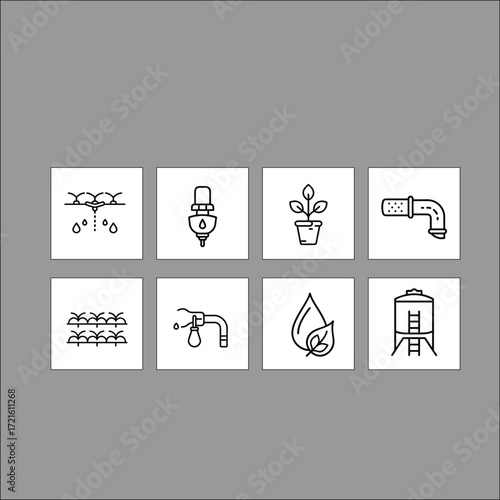 Drip Irrigation and Water Management Icons – Efficient Watering System for Farming