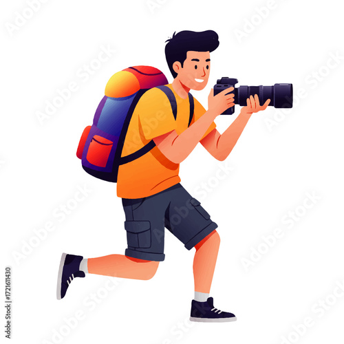 A cartoon illustration of a young man with a backpack running while holding and using a camera.