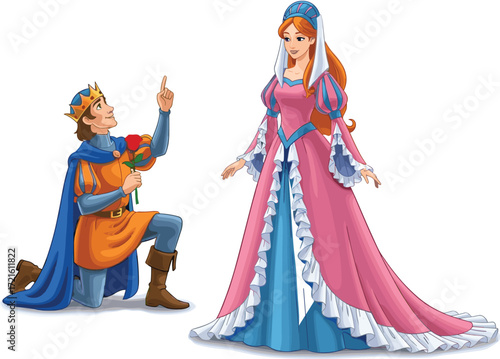 Cartoon king kneeling with red rose, proposing to queen in pink gown, royal couple, fairy tale romance, vector illustration for love and fantasy