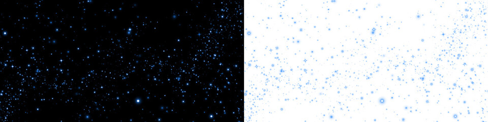 Starry night sky overlay with shimmering blue stars on a black background, contrasting with a bright white space, ideal for creative design projects and visual storytelling