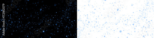 Starry night sky overlay with shimmering blue stars on a black background, contrasting with a bright white space, ideal for creative design projects and visual storytelling