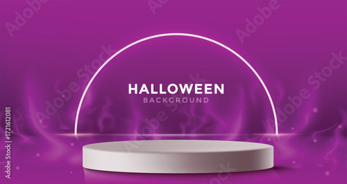 Purple Halloween vector background with glowing arch and podium. Perfect for festive October greetings, trick or treat invites, spooky party templates, autumn holiday cards, and seasonal clipart.