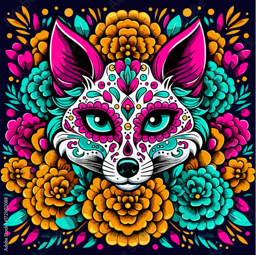 A colorful sugar skull styled fox surrounded by marigold petals in retro pop art vector design