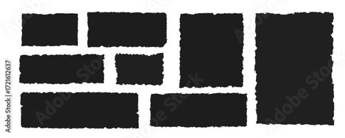 Set of black torn paper shapes with jagged edges. Ripped rectangle frames, grunge textured elements for collage, sticker, banner, text box. Vector silhouettes isolated on white background