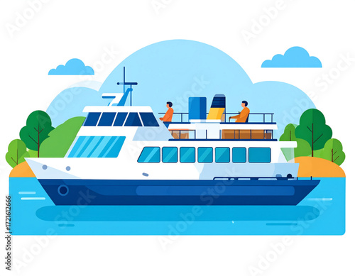 Passengers relax on a river cruise ship sailing past a tranquil shoreline.