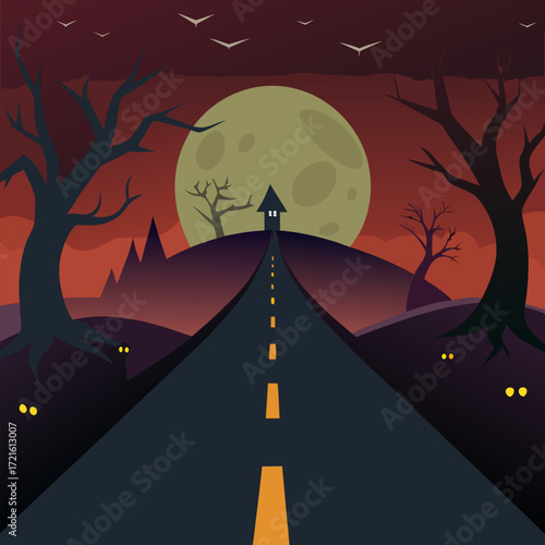 A spooky mysterious eerie dense rode night sky with big moon vector landscape background.