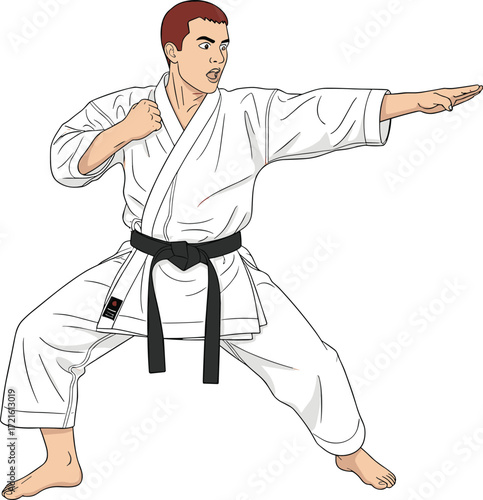 Cartoon man in karate stance, wearing white gi and black belt, practicing martial arts, focused fighter, vector illustration for sports and fitness