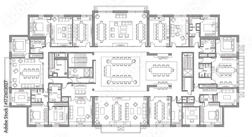 Architectural blueprint of a large building floor plan with many rooms and spaces