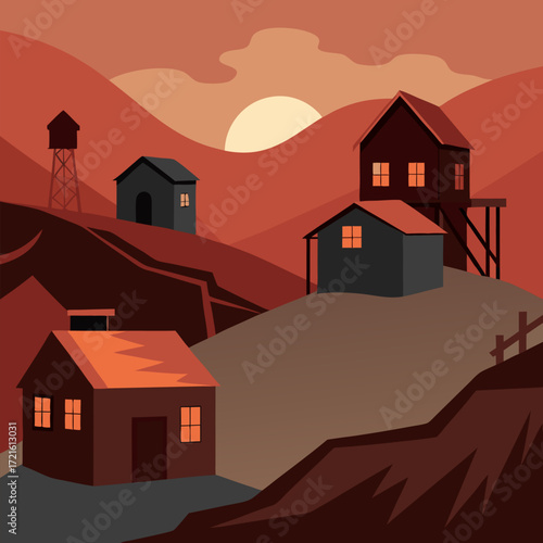 Bodie ghost town California style ruins in Europe abandoned wooden houses, forgotten mining heritage vector landscape background.