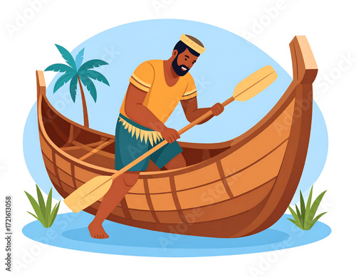 Man in a boat, holding paddles, ready to navigate the water, with a palm tree in the background.