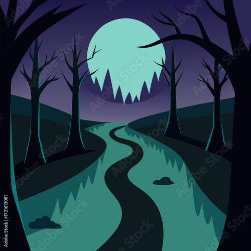 A spooky forest with a stream running through it night landscape vector background.