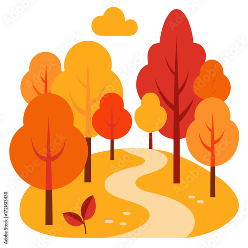 Colorful autumn forest with a winding path a fall season park with orange and yellow trees landscape vector on white background.