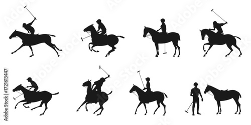 Silhouettes of polo players and horses in various dynamic and static poses on white background